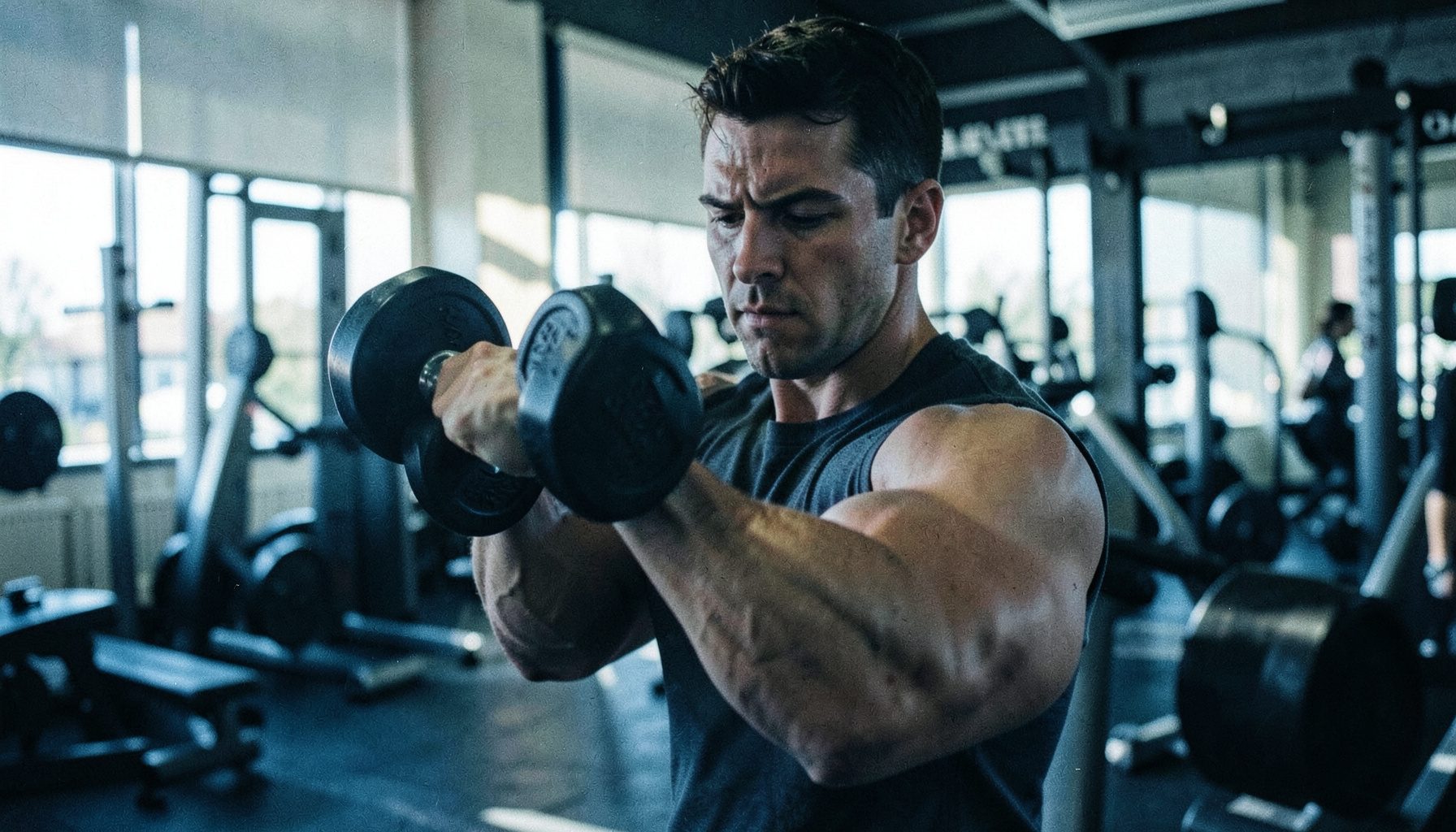 A person holding a dumbbell performing a bicep curl in a sunlit gym, focused and determined mood