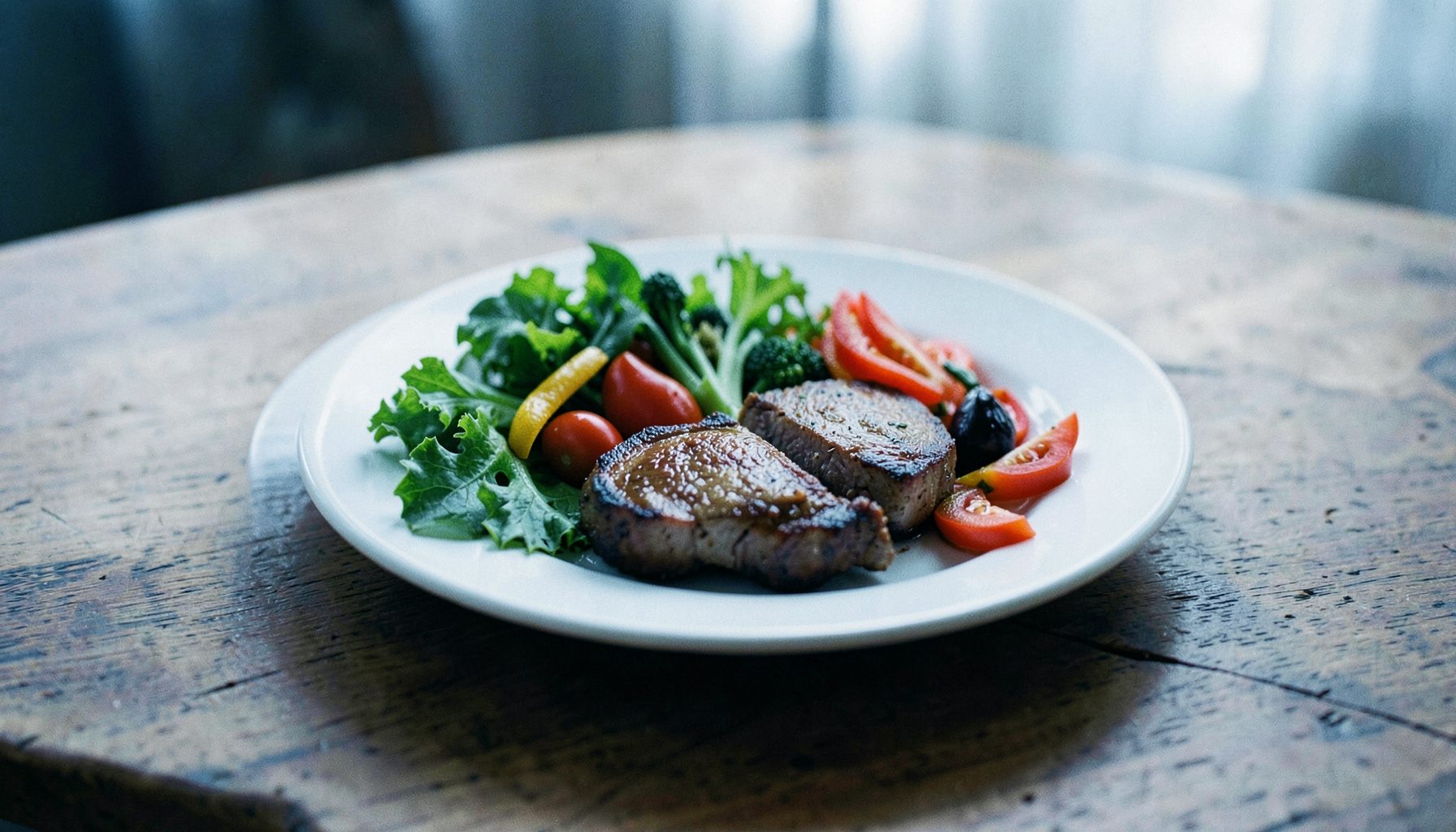 A simple plate with fresh vegetables and lean protein on a wooden table, natural daylight, clean and wholesome mood